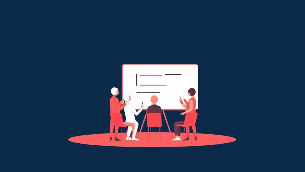 Illustration of a team around a whiteboard in a training session